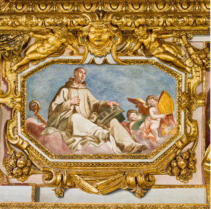 Genoa, Duomo (St Lawrence Cathedral), inside, the presbitery vault:  "St Bernard of Clairvaux", (1622-24), fresco of the ceiling, by Lazzaro Tavarone