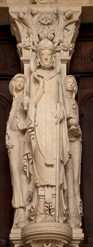 Cathedral (Cathédrale Saint-Lazare). Exterior. The west porch. Gislebertus. Detail. The trumeau. The saint (Saint Lazare and his two sisters. 1135 - 1140.