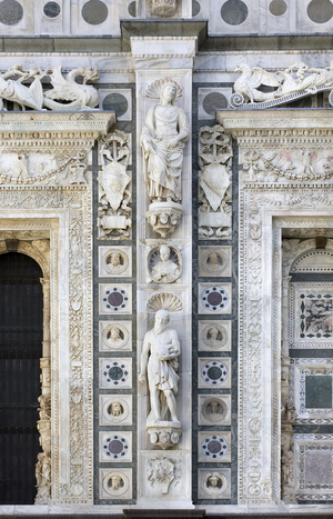 Statues of Saint Thomas and Saint Jerome, detail of the exterior of Certosa di Pavia, Province of Pavia, Lombardy, Italy (photo)