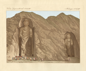 The colossal graven images and the cave-city Bameean in Cabool (coloured engraving)