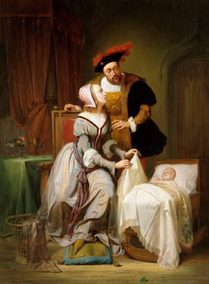 Emperor Charles and His Mistress Johanna Van der Gheynst at the Cradle of their Daughter Margaret, 1844 (oil on canvas)