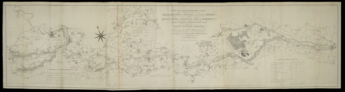 Plan of proposed navigable canal between the river Kennet at Newbury in the county of Berks : River Avon at Bath... of Somerset, whereby a navigable communication will be opened between the cities of London and Bristol / by John Rennie, civil engineer, 1793 (engraving)
