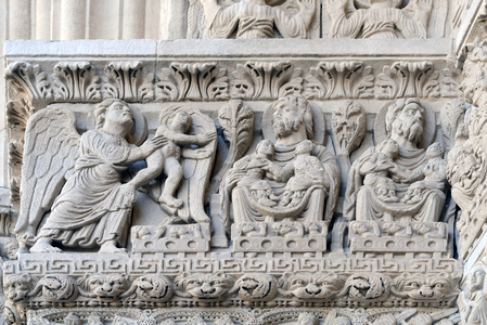Romanesque Sculpture of Archangel Saint Michael Offering a Saved Soul to the Bosom of Abraham on the Façade of the Church of Saint Trophime Arles France, 11th-12th century (Romanesque Sculpture)