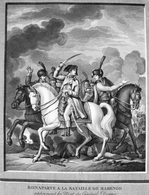 Napoleon at the Battle of Marengo, 14 June 1800, being told of the death of General Desaix. French forces under Napoleon defeated Austrians. Engraving
