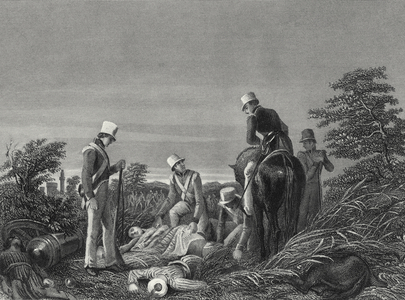 Finding the colours of the 24th Regiment after the battle of Chillianwallah, c.1850 (engraving)