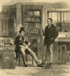 Young man in debt confessing his problem. Engraving, 1879