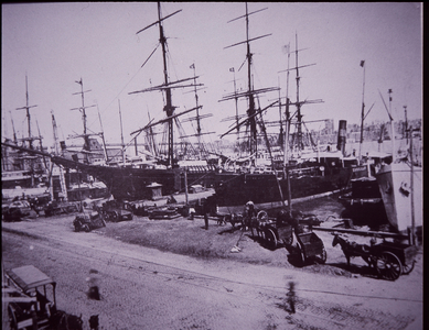 South Street Seaport, looking north to Brooklyn Bridge, New York City, c.1900 (b/w photo)