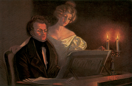Franz Schubert at the piano (colour litho)