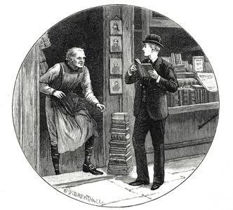 Engraving depicting a bookseller in Victorian London, 19th century