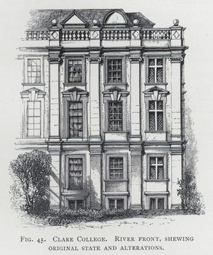 Clare College, River front, shewing original state and alterations (engraving)