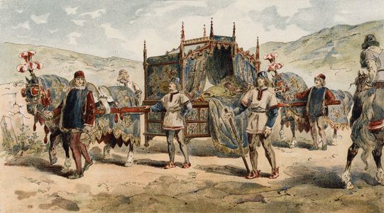 Litter of a chatelaine, time of the Dukes of Burgundy, 15th Century (colour litho)