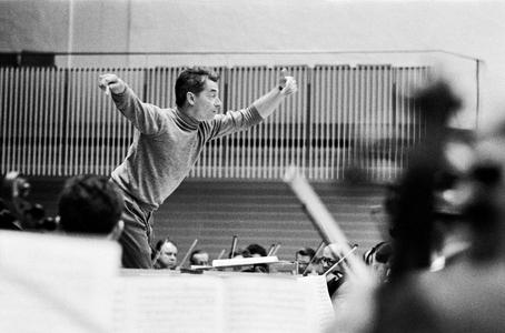 Conductor Herbert von Karajan recording Beethoven's Piano Concerto No ..., 1957 (photo)