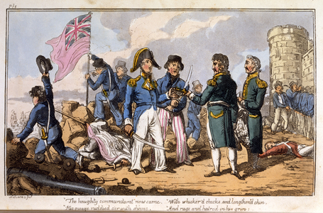 "The haughty commandant now came ..." from The Adventures of a Post Captain, by a Naval Officer, pub. 1820 (hand-coloured aquatint)