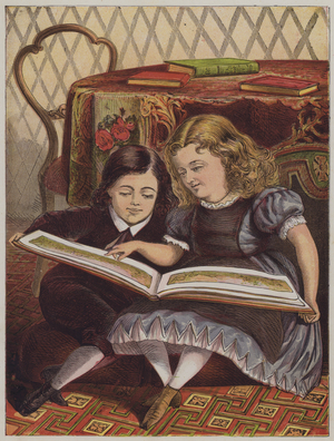 Boy and girl reading illustrated book (colour litho)
