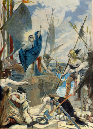 Sainte genevieve face aux Huns (Engraving)