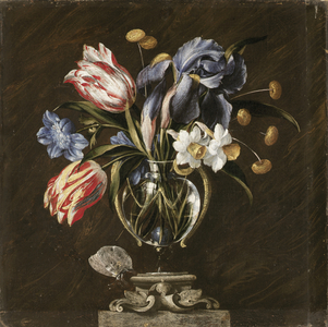 Tulips, daffodils, irises and other flowers in a glass vase on a sculpted stand, with a butterfly (oil on canvas)