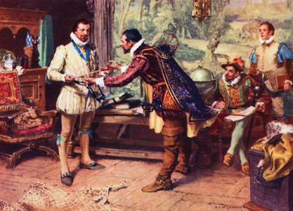Ralph Lane, first Governor of Virginia, presenting an Indian Pipe to Sir Walter Raleigh in 1586, thus introducing pipe … (colour litho)
