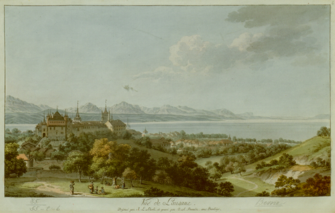 A group of figures picking fruit in an orchard on the outskirts of Lausanne in the foreground. Château Saint-Maire and the Cathedral seen among trees on top of a hill beyond on the left, and a view of the city and Lake Geneva in the background
