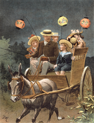 Guests leaving the party in a waggon. They left with chinese paper lantern to lit their way llustration by Adrien Marie in the book Tout a la joie by Zari, Emile Guerin publication 1890
