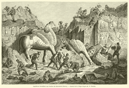 Chaldeens travaillant aux fouilles de Khorsabad, Ninive (engraving)