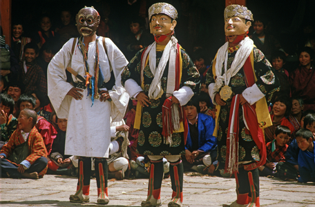 Mask dancers at the Paro Tshechu, mask dance festival, in the Paro Dzong, Bhutan (photo)