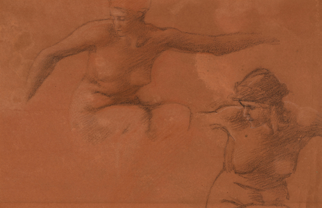 Figure Studies for Perseus and the Graiae. (black and white chalks on red paper)