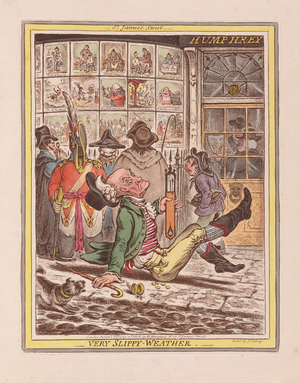 Very Slippy-Weather, pub. 1808 (hand coloured engraving)