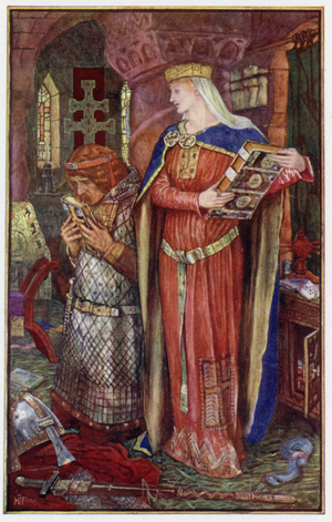 "Although he could not read, he would turn over and examine her books, and kiss those which he liked best" (colour litho)