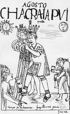 Incas using footplows to sow a cornfield drawing from "El primer nueva cronica y buen gobierno" The first new chronicle and good government by Felipe Guaman Poma de Ayala (1583-1615)