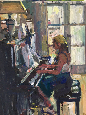 Piano practice at home, 2020 (oil on board)