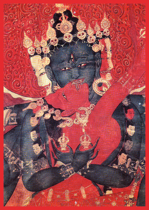 China / Tibet: Dorje Pakmo, the 'Diamond Sow', Tibetan Mahayana Buddhist manifestation of the Hindu Goddess Varahi, embraced by her consort Demchok (Samvara). Detail from a Tibetan thangka.