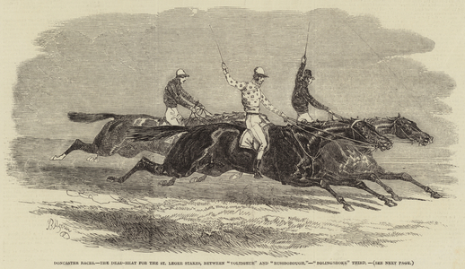 Doncaster Races, the Dead-Heat for the St Leger Stakes, between "Voltigeur" and "Russborough", "Bolingbroke" Third (engraving)