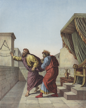 Isaiah informing King Hezekiah of Judah that he will live fifteen more years (colour litho)
