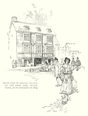 South View of Falcon Tavern, on the Bank Side, Southwark, as it appeared in 1805 (engraving)
