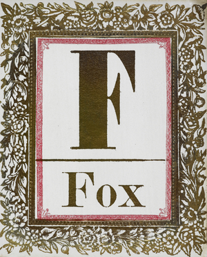 Letter F: Fox. Gold letter with decorative border