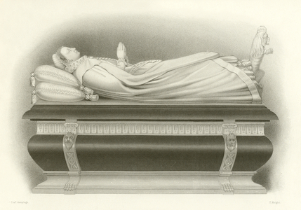 Effigy of Mary, Queen of Scots on her tomb in Westminster Abbey (engraving)