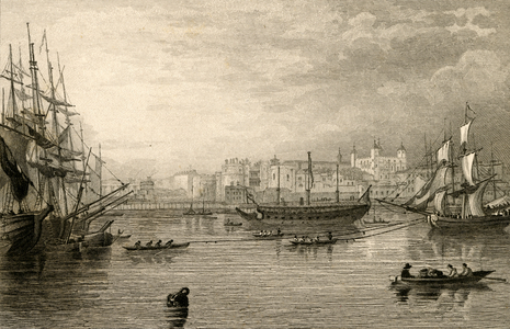 Engraving entitled, ' Tower of London from the River', 1825 (print)