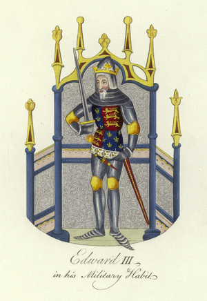 King Edward III of England in his military habit (coloured engraving)
