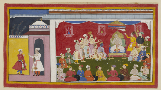 Dasaratha listens to the messenger about his sons' studies, 1653 (miniature)