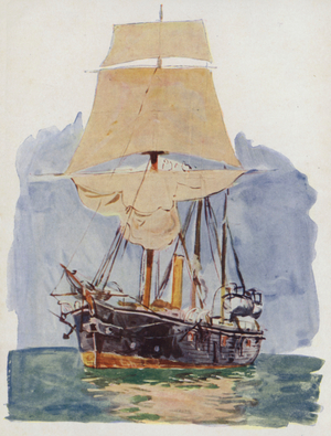 A Gunboat at Sail Drill (colour litho)