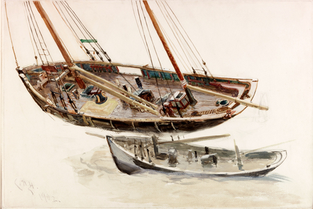 Two Studies of a Trawler (b/c, pencil & watercolour on paper)