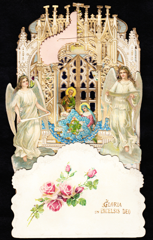 A Victorian die cut pop up greeting card of angels at a nativity scene at a Church, c.1880 (colour litho)