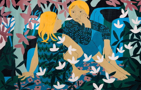 Boy and Girl Seated Beside a River, 1971 (oil on board)