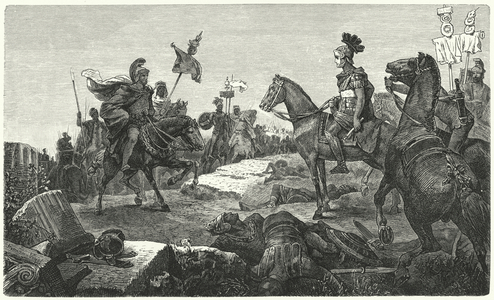 The meeting between Scipio Africanus and Hannibal before the Battle of Zama, 202 BC (engraving)