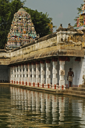 India, Tamil Nadu, Kumbakonam, Sarangapani Vishnu Temple, Potamurai Tank with colonnade reflections, goparum and worshippers