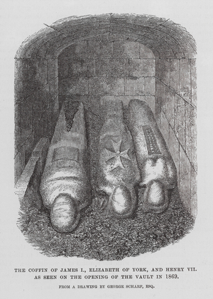 Westminster Abbey: The Coffin of James I, Elizabeth of York, and Henry VII, as seen on the opening of the Vault in 1869 (engraving)