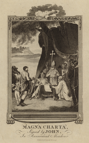 Magna Carta signed by King John in Runnymede Meadow (engraving)