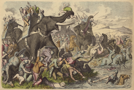 Macedonians using war elephants in a battle with the Dacians and Sarmatians (coloured engraving)