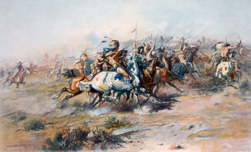 The Indian encirclement of General Custer at the Battle of the Little Big Horn.  Custer's Last Stand. After a work by Charles Marion Russell.