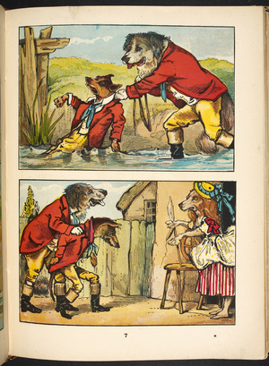 Dash the dog being helped out of a river by another dog and then being taken back to a house.